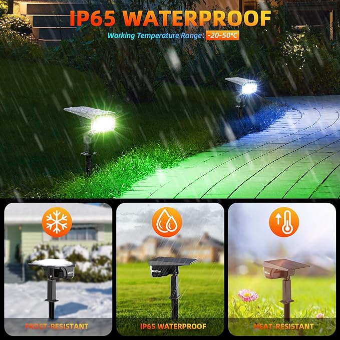 Color Solar Lights Outdoor Waterproof Spotlights with 9 Light Modes, Color Changing Solar Outdoor Lights for Decorate Festivals, Colored Solar Spot Lights Auto On/Off, RGBW Landscape Lights