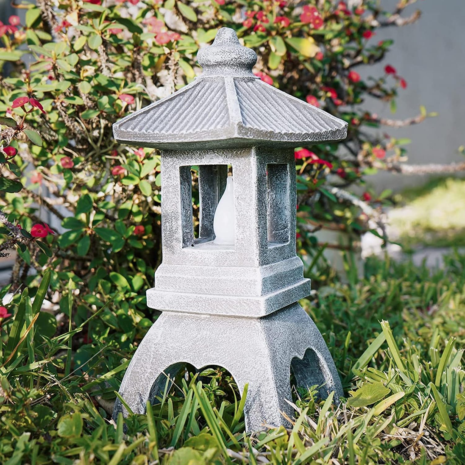VP Home Pagoda Garden Statue, Solar Powered Statue Japanese Garden Decor, Outdoor Zen Garden Lantern, Flickering LED Garden Light (Tranquil Pagoda)