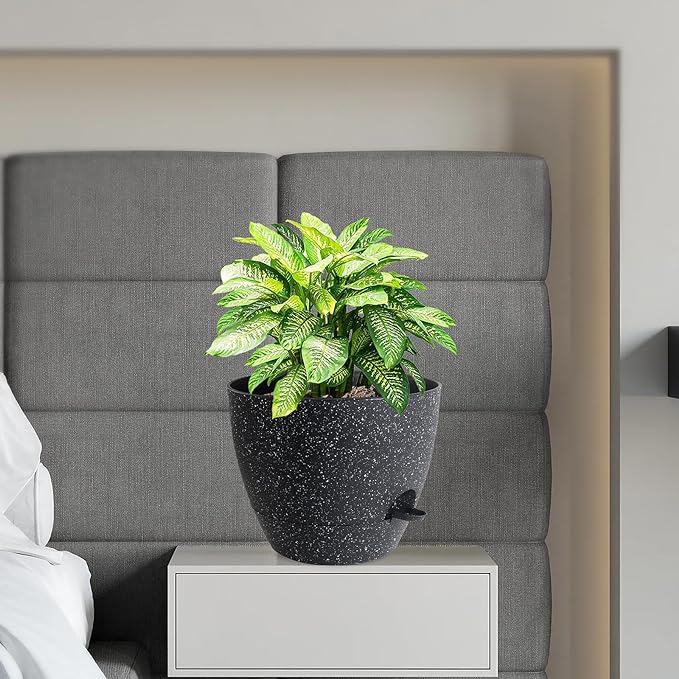 12 inch Large Self Watering Pots, Planter, Plant Pots with Mesh Drainage Holes for Indoor Outdoor House Plants and Garden, Plastic Flower Pots with Deep Reservoir, Speckled Black