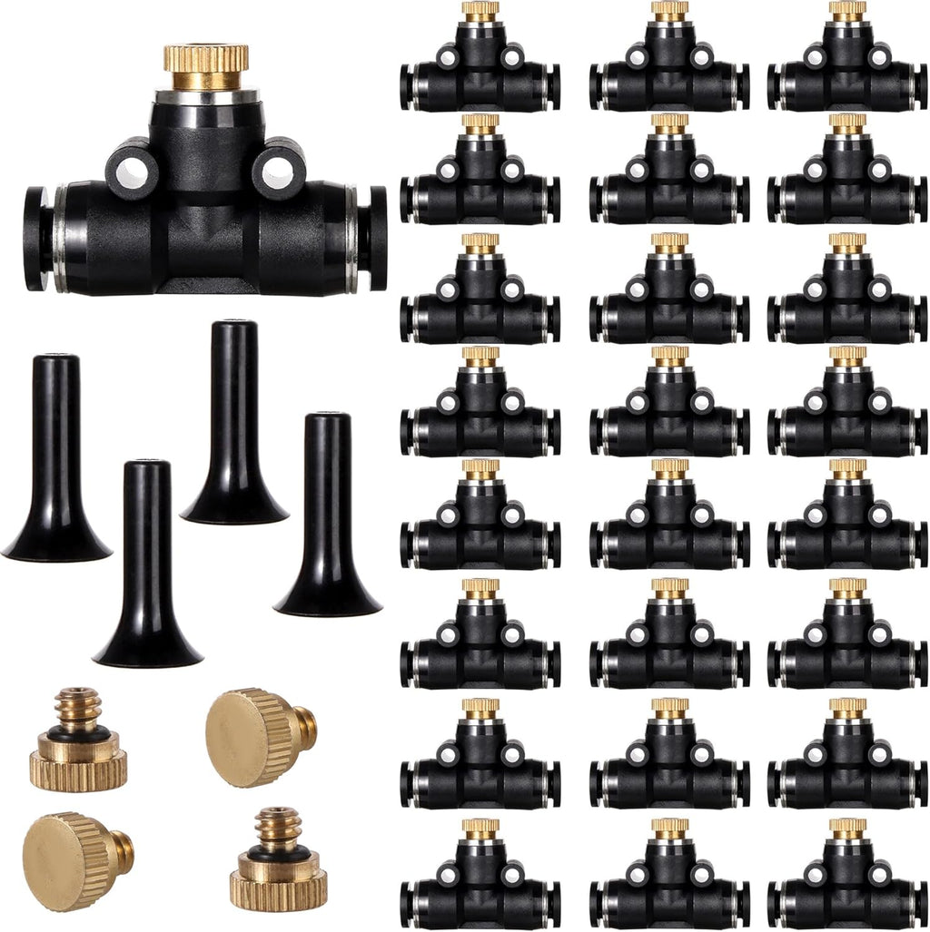 24 Pack Brass Misting Nozzles Outdoor Cooling System with 24 Heavy Duty Mister Nozzle,24 Tees,4 Brass Plugs,4 Black Plugs for Outdoor Cooling System