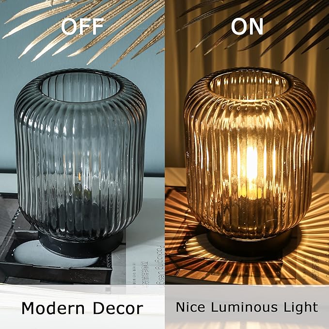 Battery Operated Lamp, Cordless Table Lamps Battery Powered Bedside Small Lamp with LED Bulb, Decorative Glass Lamp for Bedroom Living Room Home Decor-Light Grey