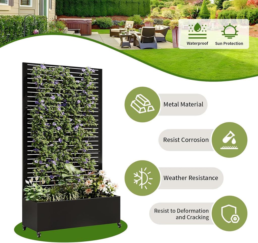 Metal Planter Box with Trellis and Wheels, 73"x35"x16" Galvanized Steel Raised Garden Bed with Drainage Holes and Privacy Screen Function for Climbing Plants, Vegetables, Flowers, and Vines–Black
