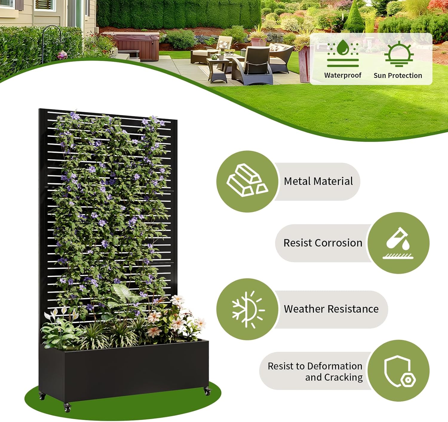 Metal Planter Box with Trellis and Wheels, 73"x35"x16" Galvanized Steel Raised Garden Bed with Drainage Holes and Privacy Screen Function for Climbing Plants, Vegetables, Flowers, and Vines–Black