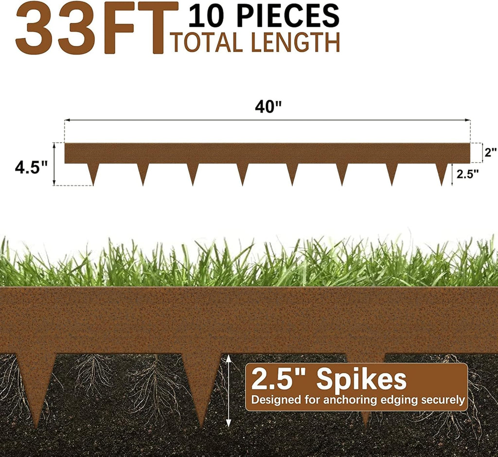 Worth Garden 10-Pack Corten Steel Landscape Lawn Edging - 4.5in H Rust Patina Finish Bendable Metal Strips - Hammer-in Pre-Rusted Border w/ 11 Clips - Yard Pathway Divider (33Ft Total)