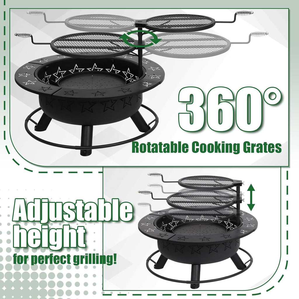 32.5" 3-in-1 Fire Pit Table with Dual Grills – Wood Burning Firepit for Outside Cooking, BBQ Grate & Round Patio Table – Includes Charcoal Pan, Log Rack,Poker & Lid for Backyard, Garden