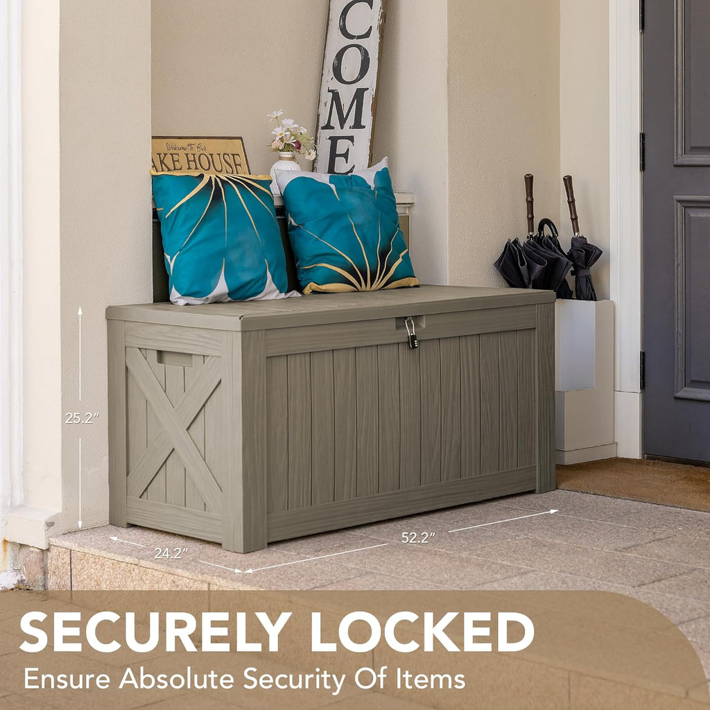 Devoko 120 Gallon Deck Box Resin Outdoor Storage Box Waterproof for Patio, Large Outdoor Storage Bench Lockable for Outside (Brown)