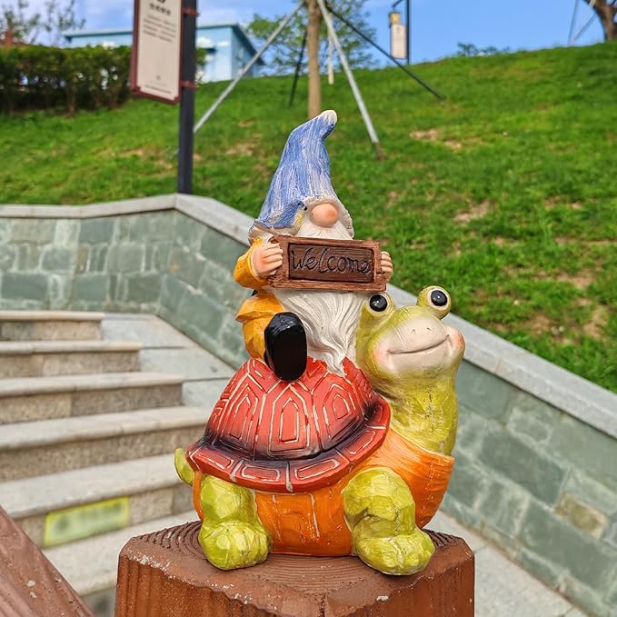 Welcome Solar Gnome Clearance Riding Turtle Statue for Garden Decor - Solar Outdoor Christmas Statue Sculpture Home and Garden Decor for Patio,Yard,Balcony Ornament,Turtle Figurine Light Gifts