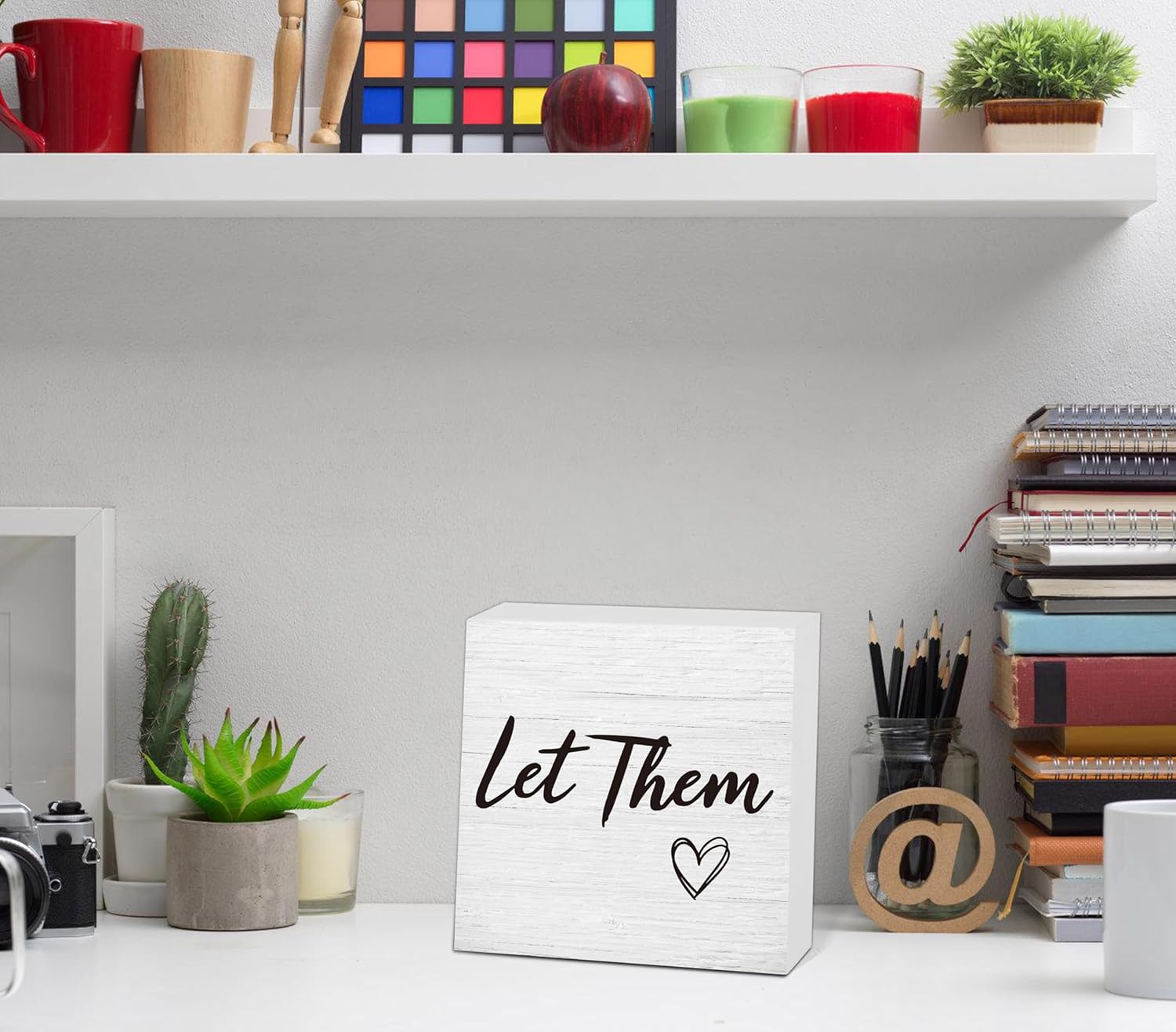 Let Them Wooden Sign, Office Decorations for Work, Let Them Mental Health Rustic Wood Box Signs 5x5 Inch, Desk Shelf Tabletop Decor for Home Cubicle Decor, Office Gifts for Coworkers Women