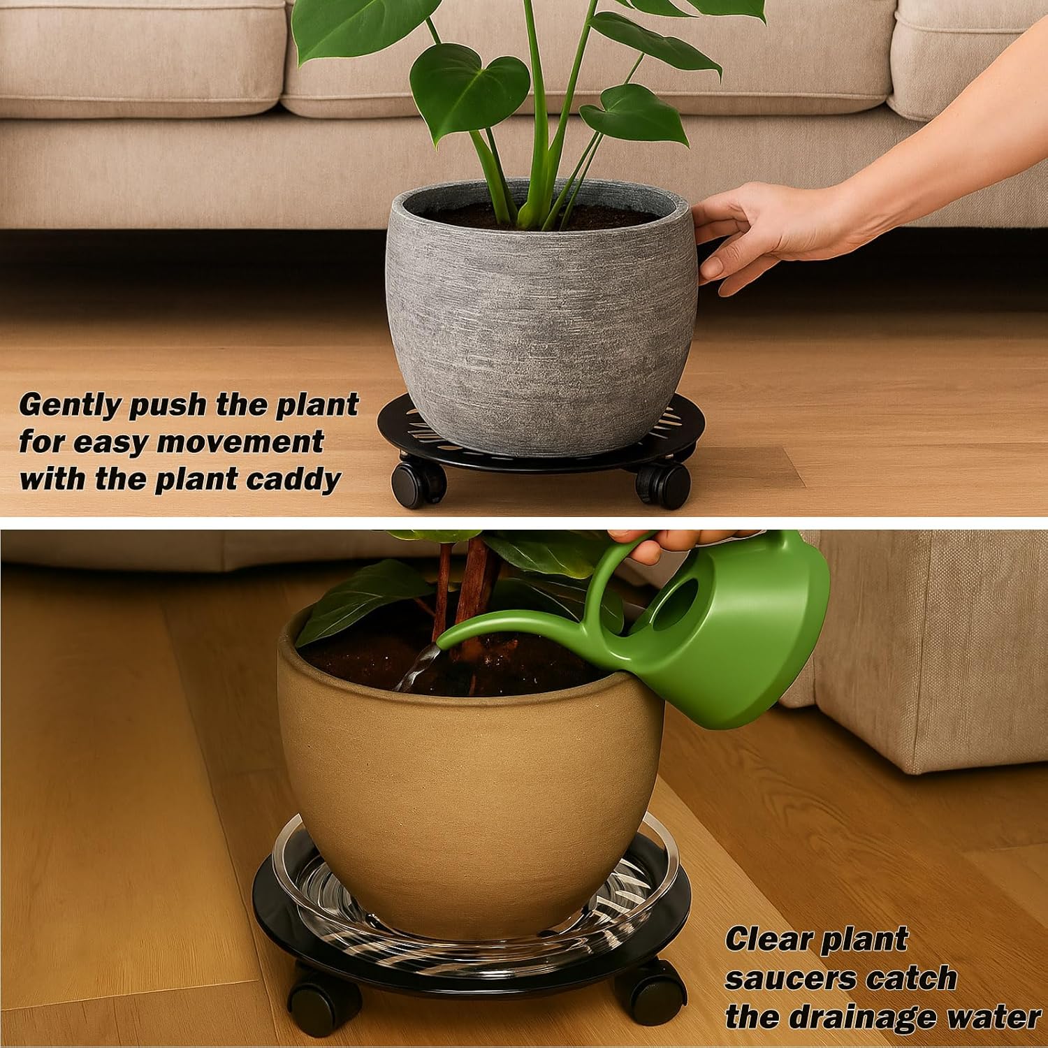 1 Packs Large Metal Plant Caddy with PU Wheels 13" Heavy-Duty Wrought Iron Rolling Plant Stands Indoor Outdoor Wheeled Plant Dolly Planter Mover Rollers Plant, Leaf Style