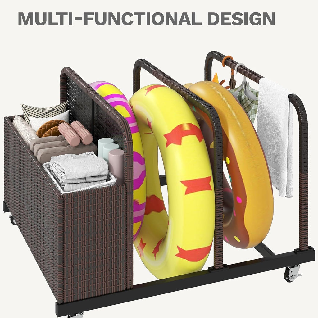 DWVO Pool Float Storage, Pool Storage Bin with PE Rattan,Pool Storage for cushions, Floaties, Noodles, Life Vests, Beach Balls, Patio Furniture (Brown)