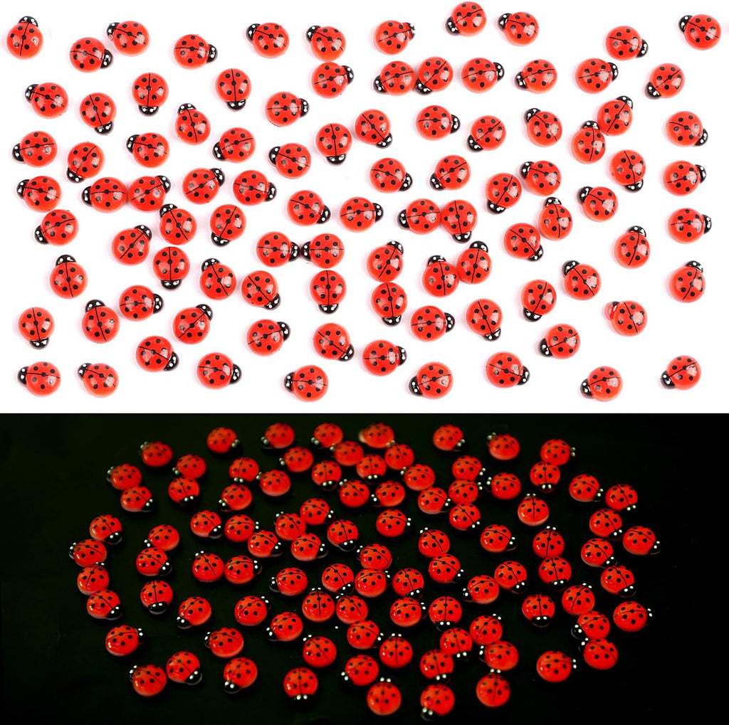 KIMOBER 100PCS Mini Luminous Ladybug Miniature Figurines,Glow in Dark Resin Animals Ladybug Figures for Fairy Garden Micro Landscape Decor Cake Topperr