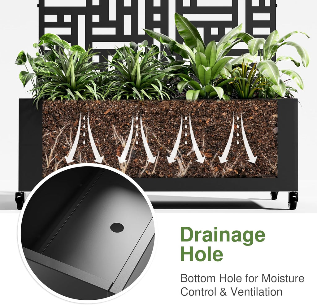 Casaphoria Metal Raised Garden Bed with Trellis and Wheels, 72"x47"x16" Planter Box for Climbing Plants, Vegetables & Vines, Features Drainage Holes and Privacy Screen (Black-Helen)