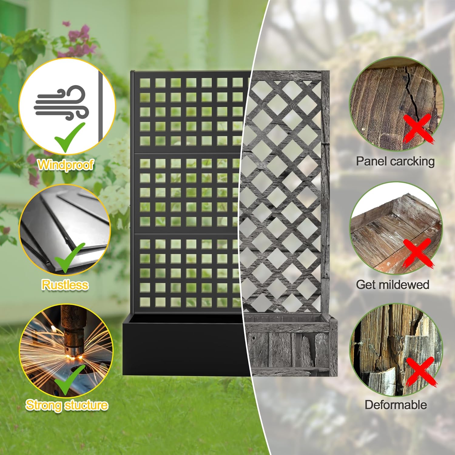 FENCY Metal Raised Garden Bed with Trellis, Metal Planter Box with Trellis, Garden Box for Climbing Plants Vegetable, 35''Lx16''Wx71''H Garden Bed with Drainage Holes(Black)