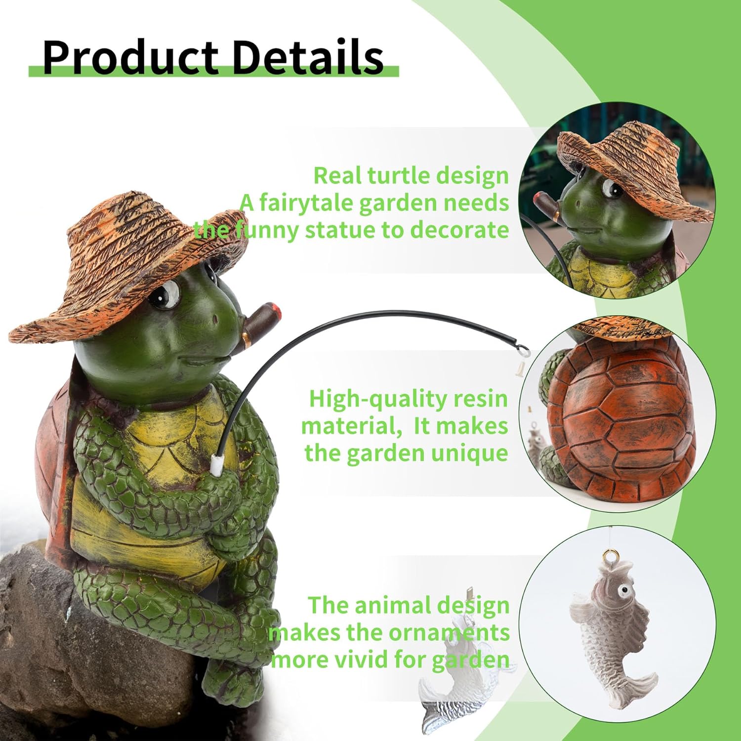 9.5" Turtle Fishing Statues- Whimsical Stone Look Lawn Yard Art, Funny Garden Pond Fisherman Sculpture, Resin Animal Decor, Ideal for Garden Enthusiasts & Turtle Fishing Lovers