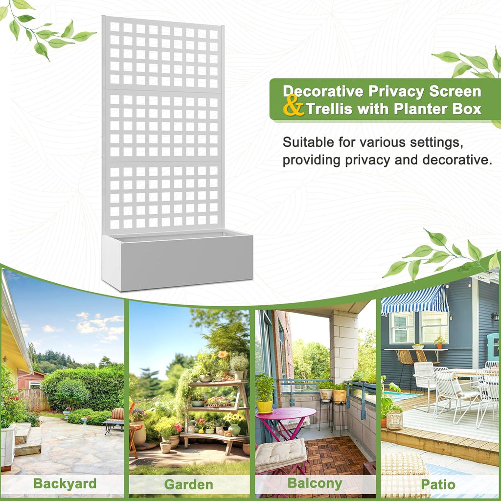 FENCY Metal Raised Garden Bed with Trellis, Planter Box with Trellis, Garden Box for Climbing Plants Vegetable, 35''Lx16''Wx71''H Metal Garden Bed with Drainage Holes(White)