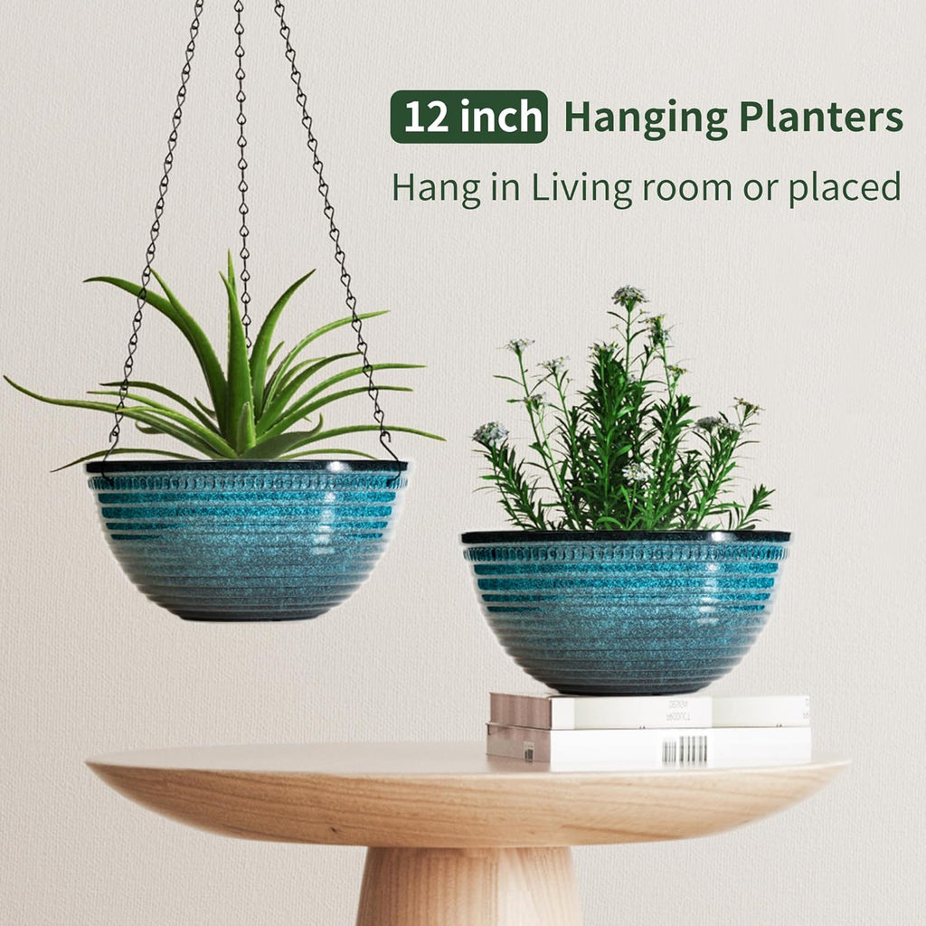 12 inch Large Hanging Planters for Indoor Outdoor Plants, Set of 2 Glazed Hanging Flower Pots with Drainage Hole, Hanging Baskets for Garden Home Porch Decor