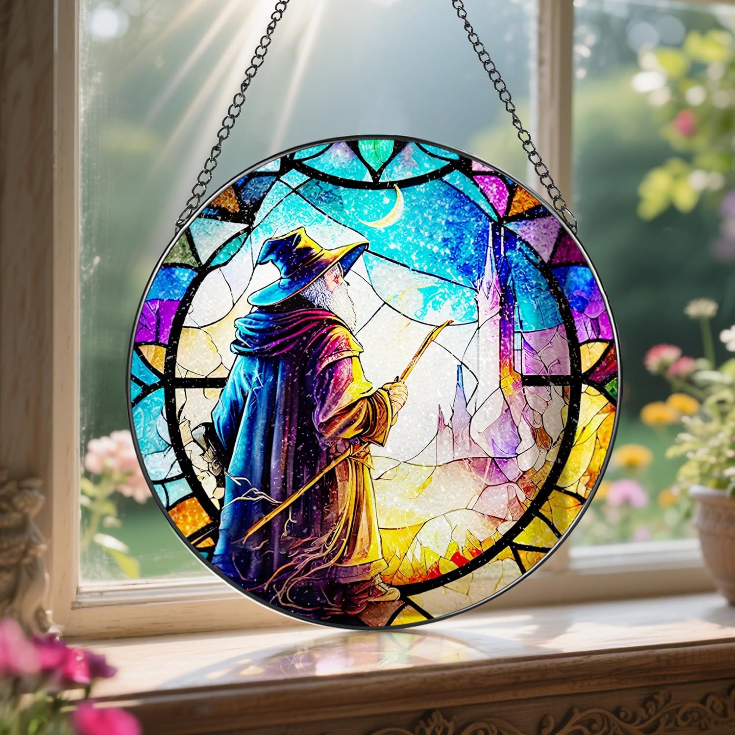 Stained Glass Window Hanging, LAOWEIKI 8'' Witch Suncatcher, Stained Glass Ornament, Suncatchers for Windows Hanging, Window Decor, Outdoor or Indoor, Gifts for Friends
