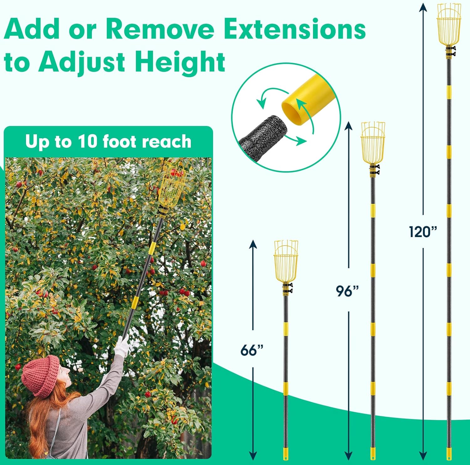 10FT Fruit Picker, Adjustable Mango Picker Tool with Adjustable Pole and Basket, High Fruit Catcher Equipment Apple Picker for Lemon Apples Mango Pear Orange Avocados Fruit Picking Grabber Tool