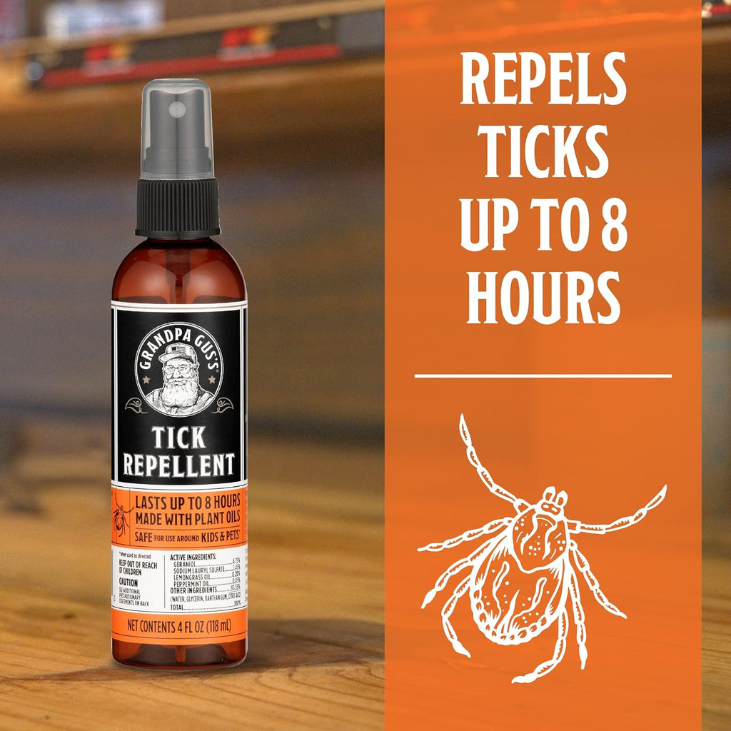 Grandpa Gus's Natural Tick Repellent Spray with Essential Oils - for Humans, DEET-Free, Up to 8 Hours of Protection, Camper Essentials, Safe Around Kids and Dogs, 4 oz (Pack of 2)