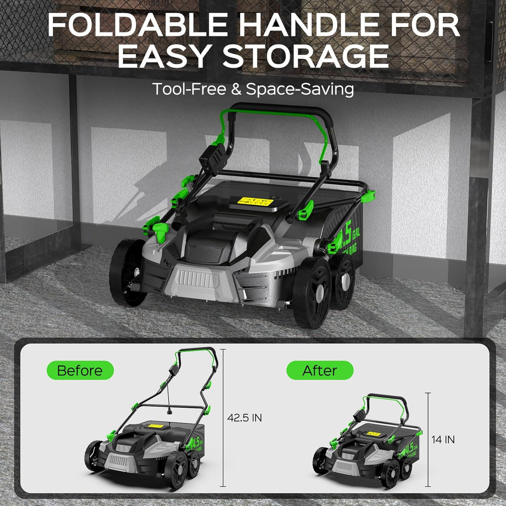 2025 Upgrade 16-Inch 15.5 Amp 2-in-1 Electric Dethatcher and Scarifier with 14.5-Gallon Collection Bag, Lawn Dethatcher with 5-Position Depth Adjustment, Keeps Lawn Healthy – Light Green