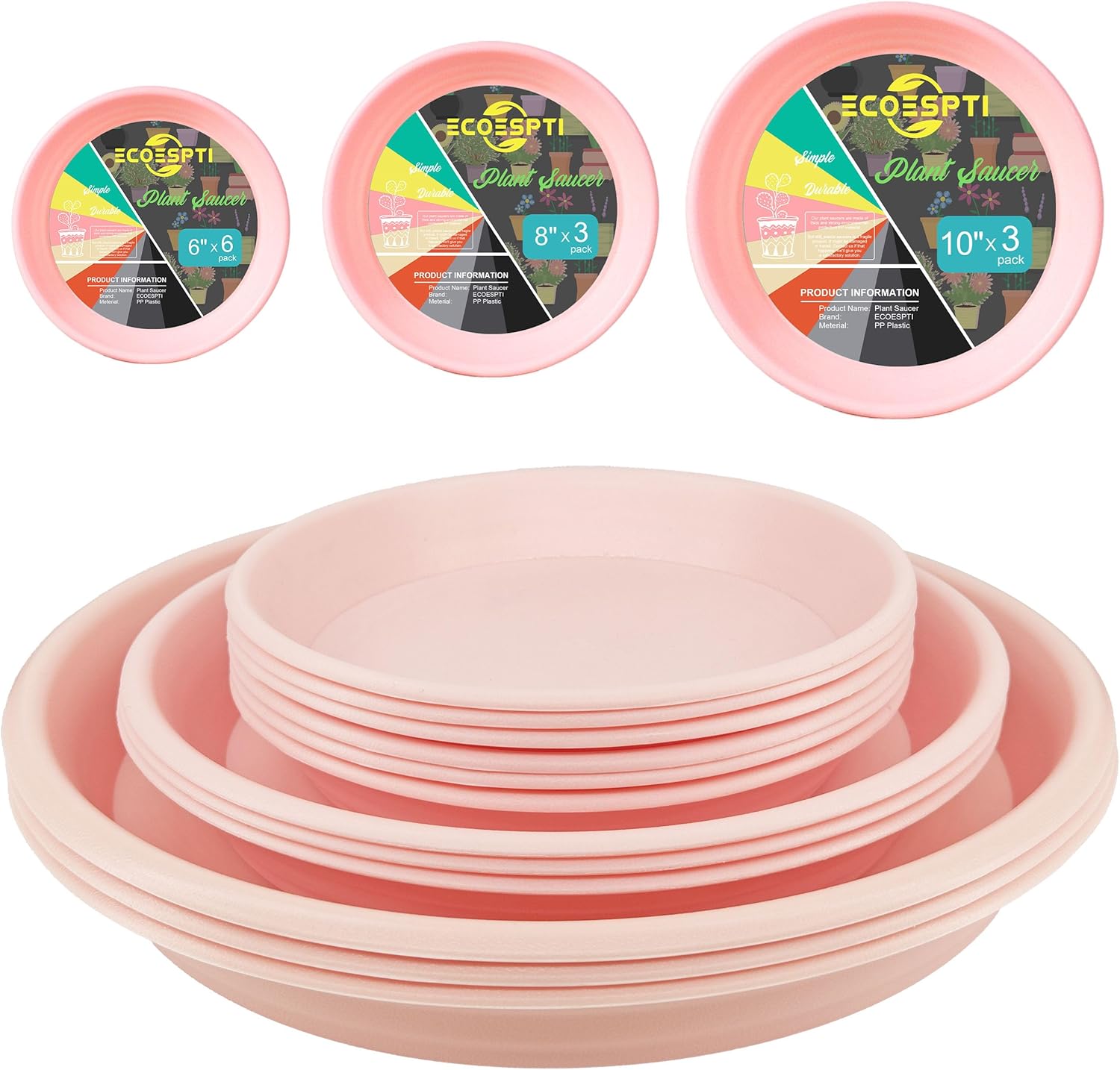 12Pcs Colourful Plant Saucer, 6 8 10 Inch Durable Plastic Plant Tray, Round Plant Pot Saucers, Drip Tray for Indoor and Outdoor Garden, Pink