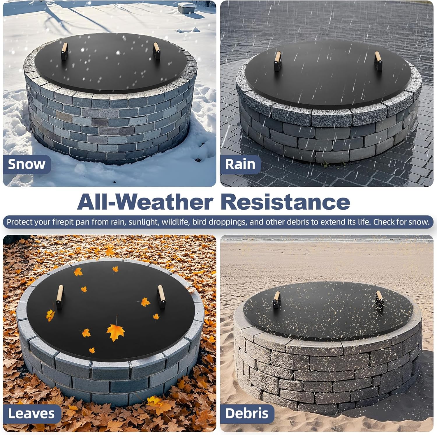 1MORE Fire Pit Lid Round 38" - Metal Firepits Cover with Wooden Handles for Patio Firepits,Rust Resistant 1.5mm Fire Pits Metal Lid, Firepits Accessory, Fire Pits Cover Round, All-season Protective