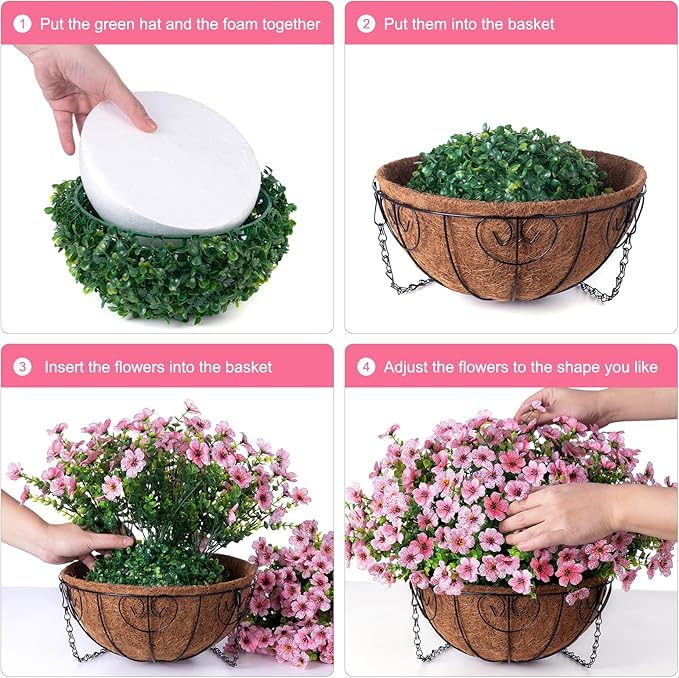 Artificial Fake Hanging Plants Flowers with Basket Outdoor Spring Decor, Faux Silk Pink Daisy in Pot Planter Realistic UV Resistant for Porch Home Indoor Patio Balcony Garden Yard