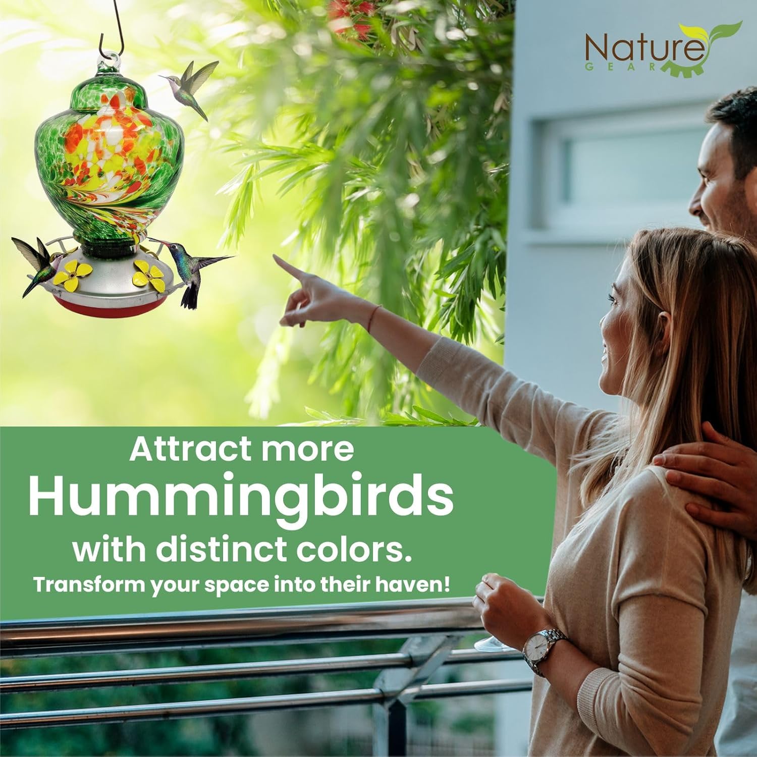 Nature Gear Hummingbird Feeder, Hanging-Mount Glass Hummingbird Feeders for Outdoors, Hand-Blown Glass Feeder with Ant Moat for Garden Hummingbirds, Easy to Clean & Rust Resistant, Emerald Green