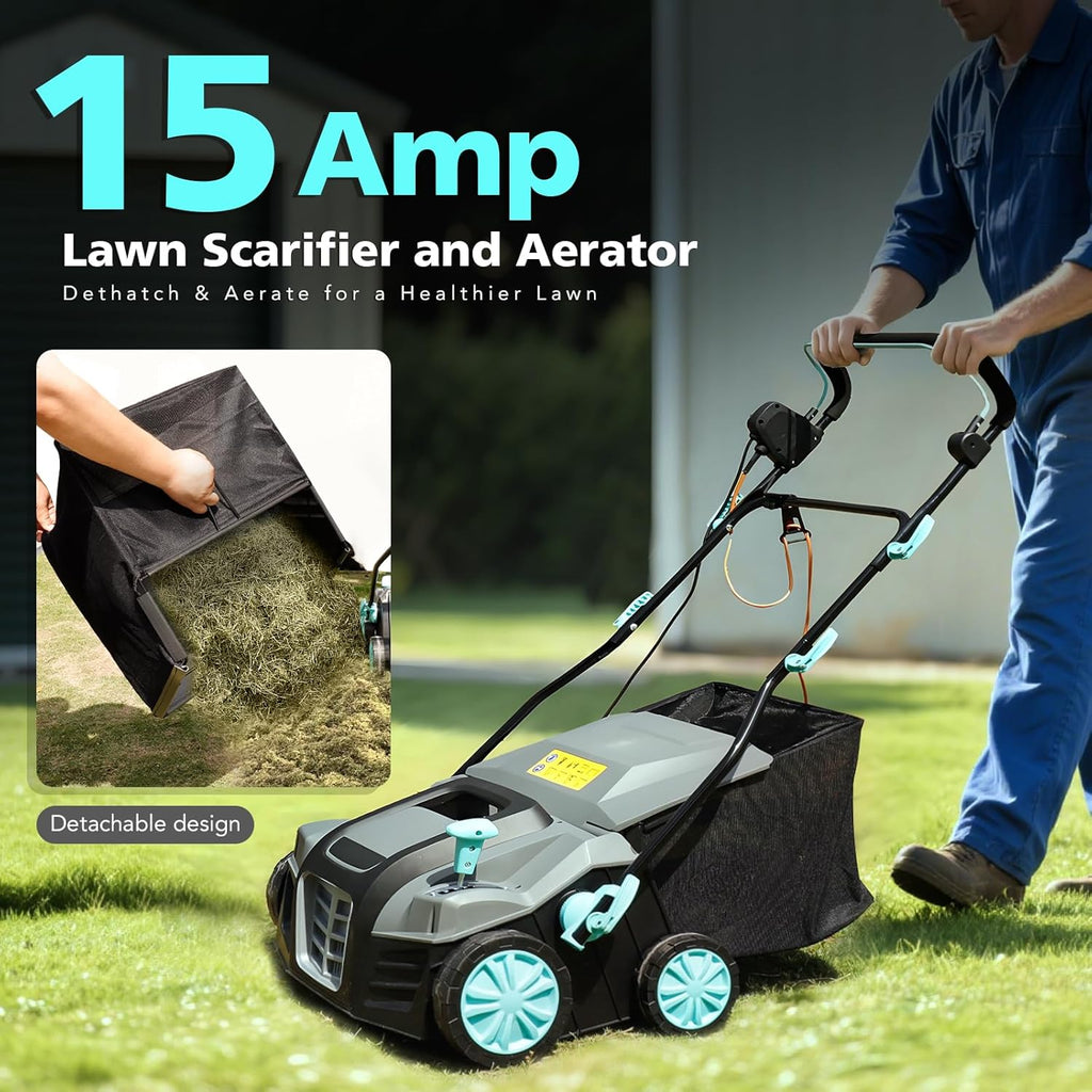 16-Inch 15-Amp 2-in-1 Electric Dethatcher and Lawn Scarifier with 14.5-Gallon Collection Bag, 5-Position Depth Adjustment, Lawn Care Machine for Thatch Removal and Grass Revitalization - XSS16D