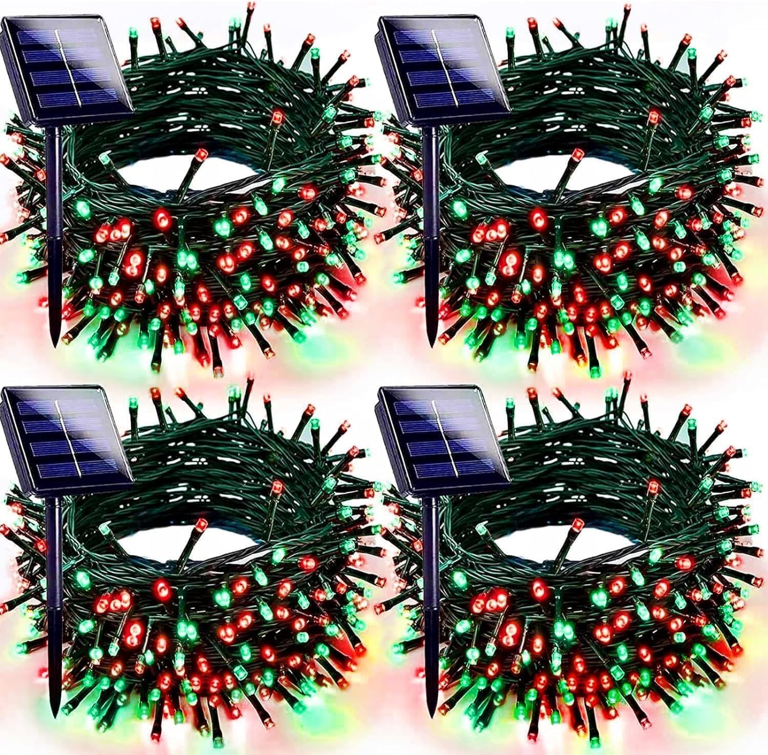 Red Green Solar Christmas Lights Outdoor Decorations Waterproof, Tatal 4 Pack 400LED 132FT Solar String Lights Green Wire with 8 Modes, Christmas Fairy Light for Xmas Tree Party Wedding Garden Decor