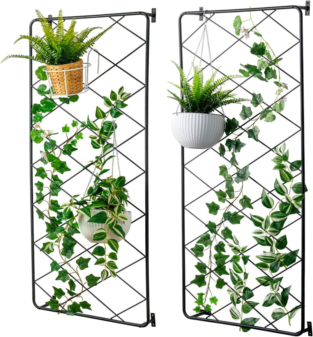 MyGift 50"x24" Wall Mounted Garden Trellis, Black Metal Lattice Panels for Outside, Hanging Lattice Support Frame for Outdoor or Indoor Climbing Plants, Set of 2 Panels
