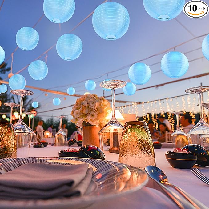 10 Pack Outdoor Silk Lanterns Decorative, 10inch Waterprooof Outside Indoor Chinese Hanging Round Lanterns for Weddings, Birthdays, Parties Decoration(Blue)