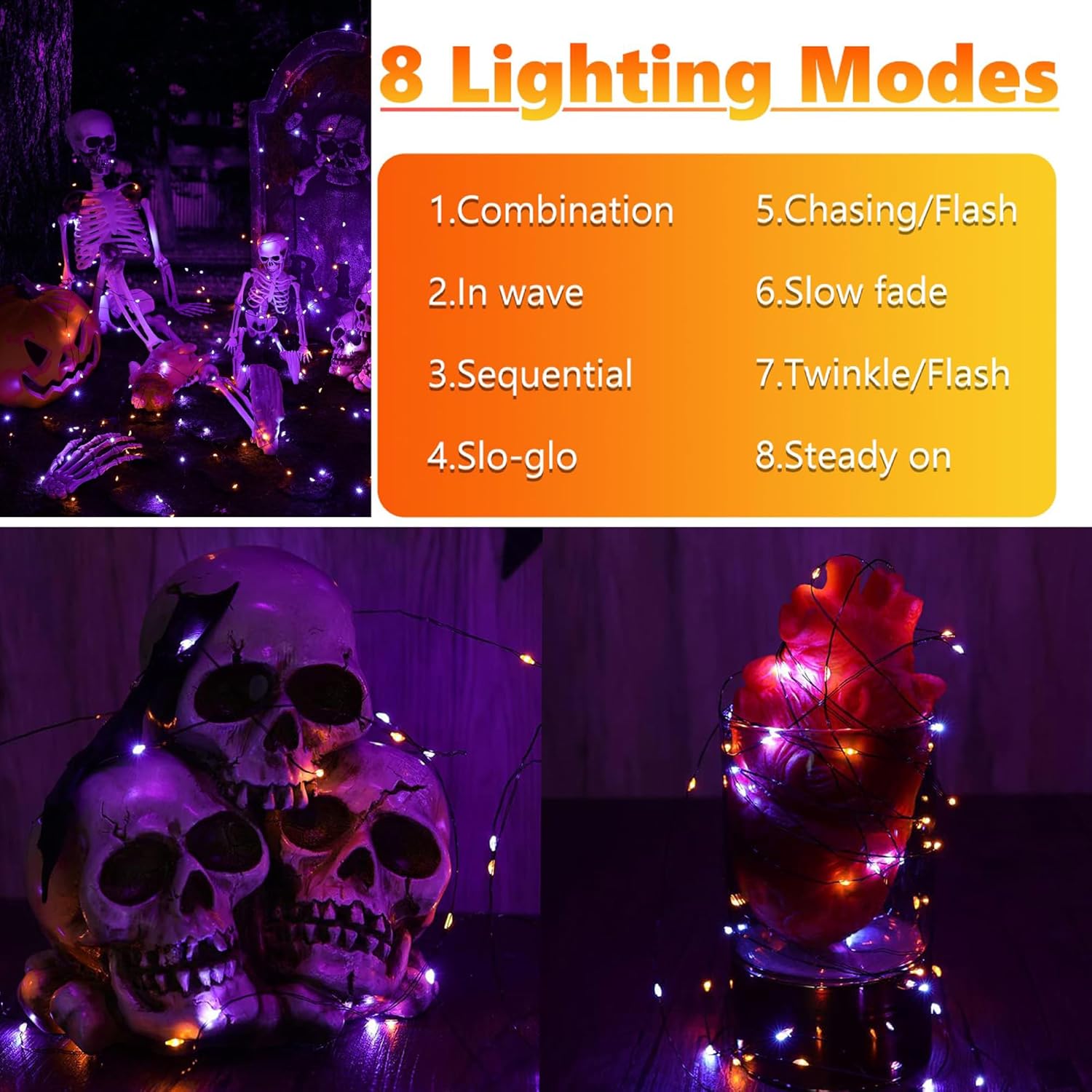 Joomer Orange Purple Halloween Solar String Lights - 2 Pack Total 80FT 240LED Solar Fairy Lights, Waterproof Outdoor Twinkle Lights with 8 Modes for Garden, Porch, Trees, Halloween Decor (Black Wire)