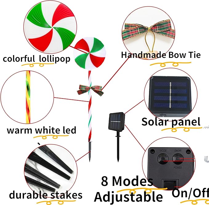 10 Packs Christmas Pathway Lollipop Lights with Bow Tie Solar Powered Outdoor Waterproof Xmas Candy Cane Path Landscape Decorative Stake Lights 2 Solar Panel + 10 Lights