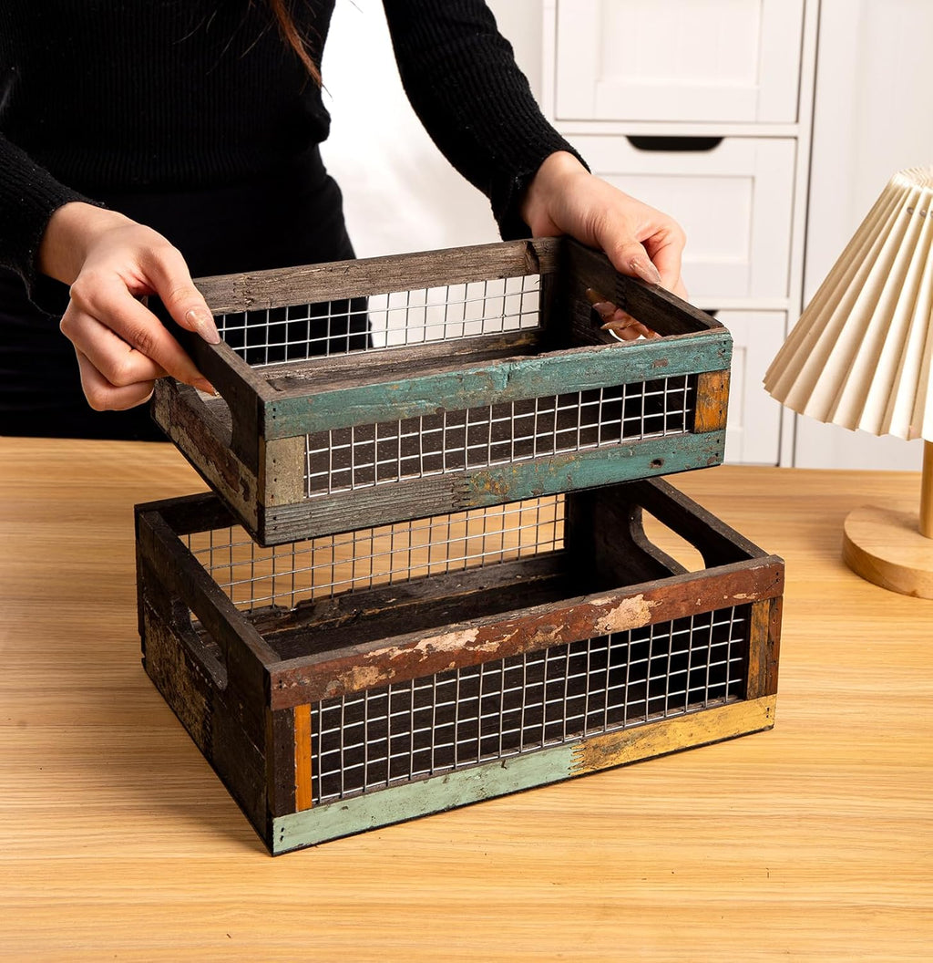 TIMRIS Set of 2 Rustic Wooden Countertop Baskets, Farmhouse Distressed Nesting Boxes, Small Decorative Wooden Storage Crates, Reclaimed Wood Organizer Baskets with Wire Mesh (Random)