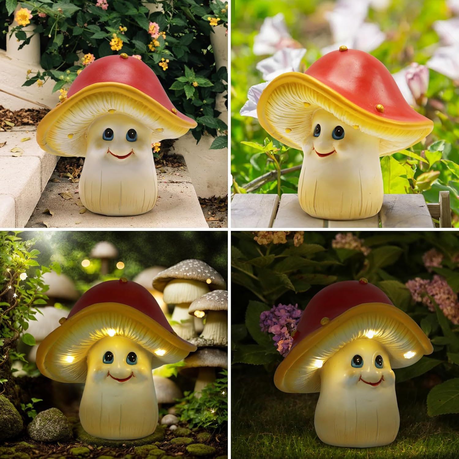 Solar Garden Small Mushroom Decor Outdoor Statue - Mushroom with Waterproof Sculptures Lights, Cute Mushrooms Pond/Yard Statues Outside Decoration, Home, Lawn, Patio, Resin Fairy Ornament