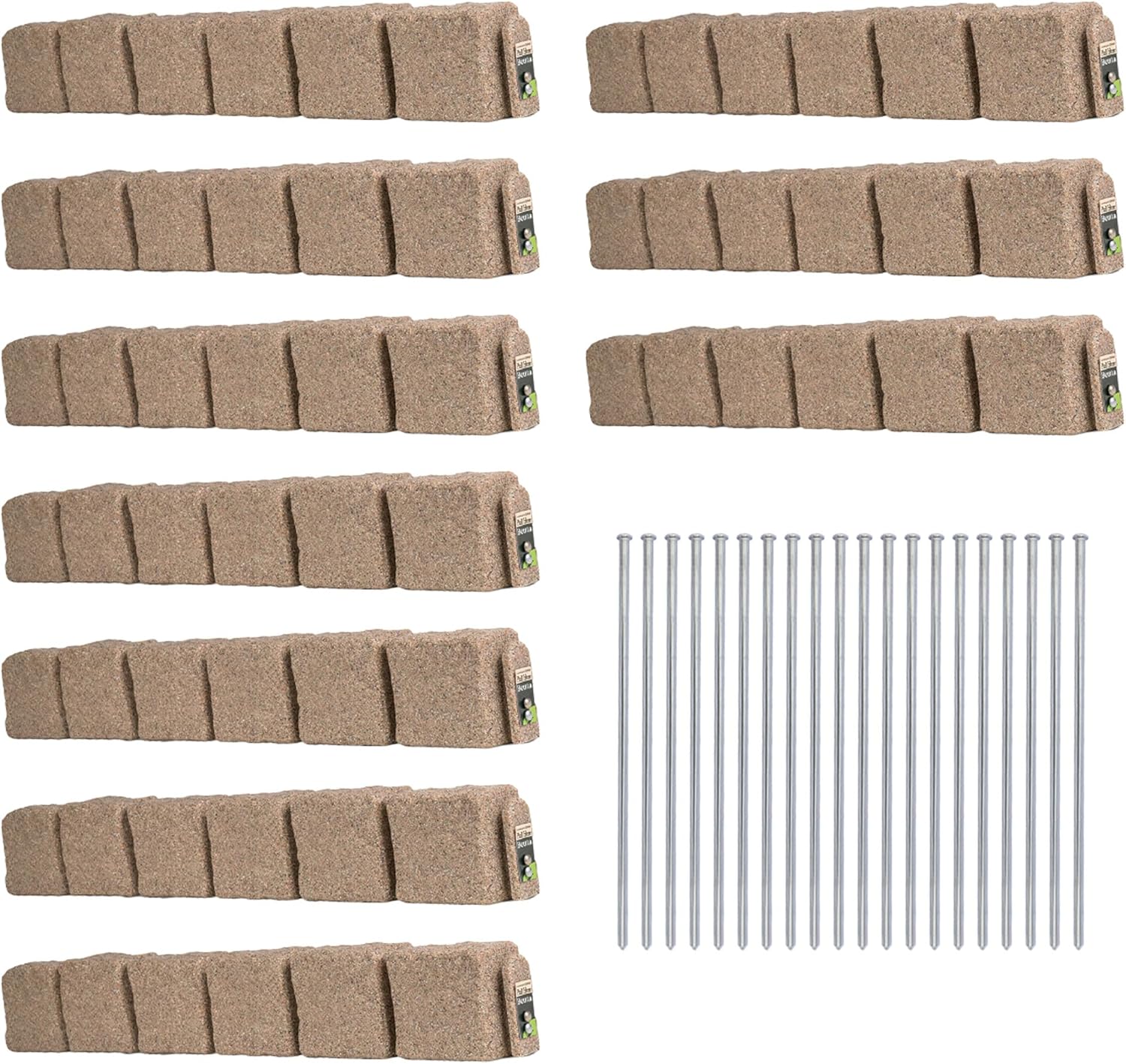 Beuta Landscape Edging | Garden Edging Border | Faux Stone Blocks for Lawn Edging, Flower Beds & Yard Edging – 10 Pack | Each Section Has 6 Blocks 48" L x 4" W x 6.5" H | 20 Spikes | Sandstone