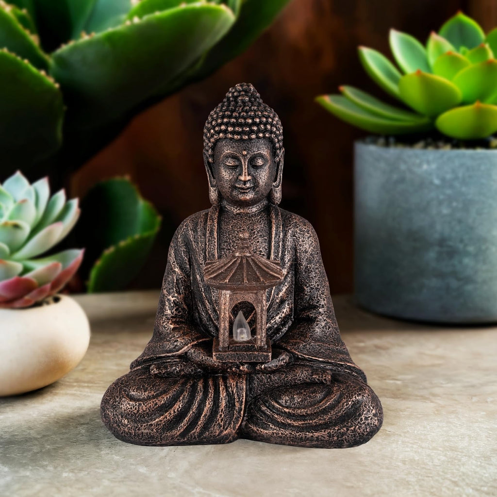 Buddha Garden Statue with Solar Light, Resin Zen Decor for Outdoor Patio or Indoor Meditation, Spiritual Gift for Women and Friends (Copper Pavilion)