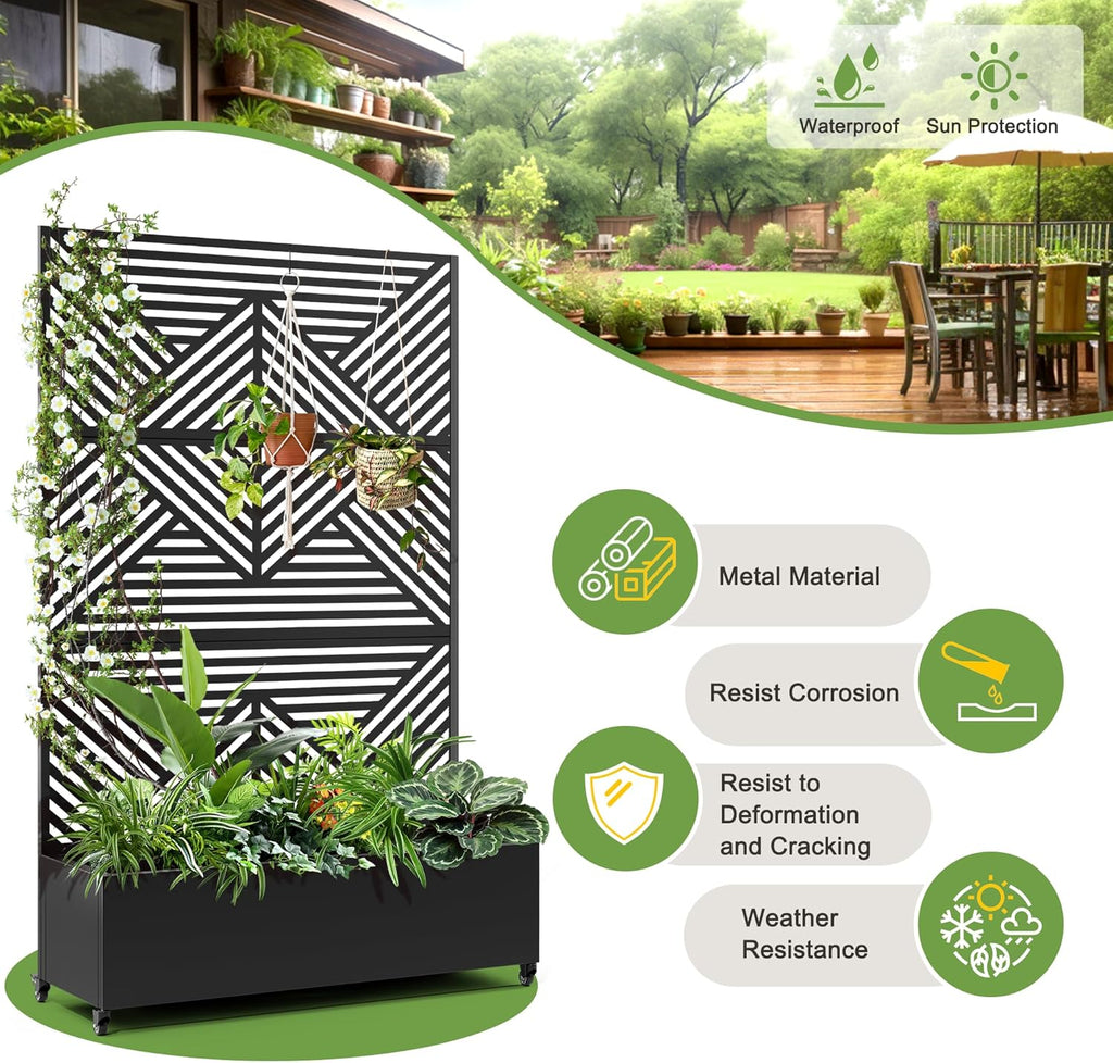 FENCY Metal Raised Garden Bed with Wheels and Trellis,73"x47"x16" Planter Box for Climbing Plants, Vegetables & Vines, Features Privacy Screen and Drainage Holes (Black-Modern)