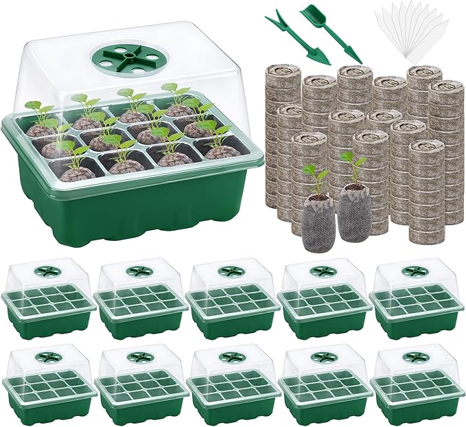 10 Sets Seed Starter Tray Kit Seed Starter Trays with Humidity Dome and Base Include 120 Peat Pellets 200 Plant Labels Garden Tools Plant Germination Tray Set for Indoor Outdoor Planting, Green