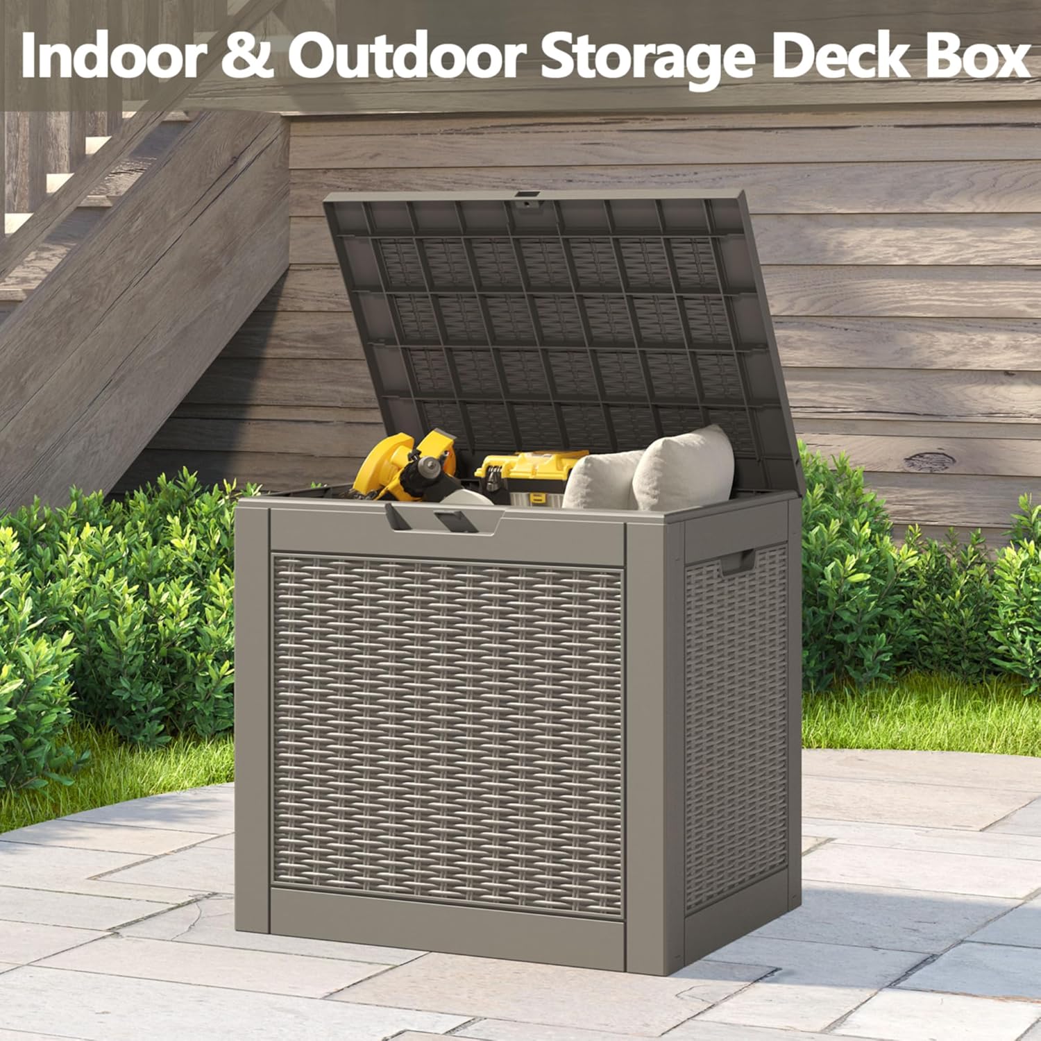 31 Gallon Deck Box, Resin Outdoor Storage Box, Waterproof and UV Resistant Deck Box, Lightweight Storage Box for Garden Tools, Pool Supplies