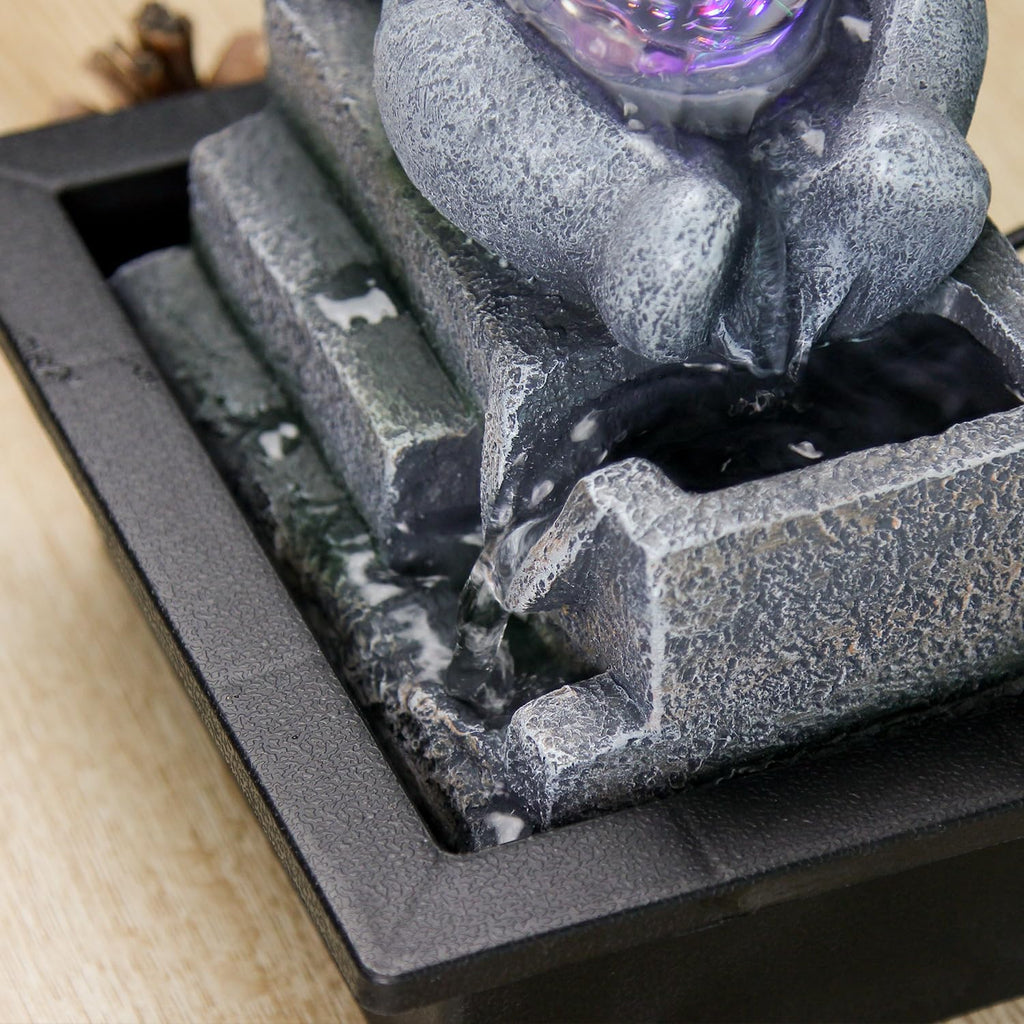 Cascading Rock Tabletop Fountain, Cute Bear Indoor Waterfall Fountain with Colored LED Lights and Rolling Ball, 3 Tiered Desktop Fountain for Office Home Bedroom