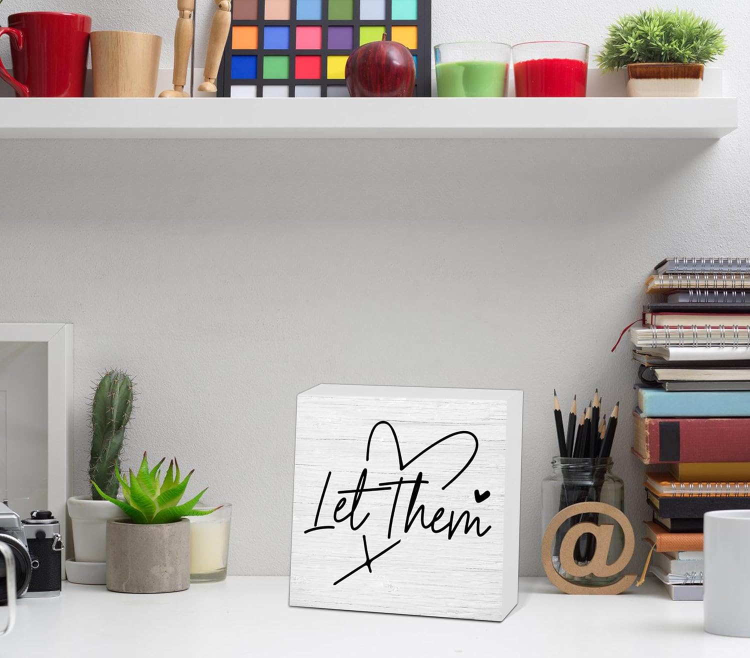 Let Them Wooden Sign, Desk Decorations For Women Office, 5x5 Inch Farmhouse Funny Office Decor Wood Box Sign, Desk Shelf Cubicle Accessories, Appreciation Gifts for Coworkers Boss, 05