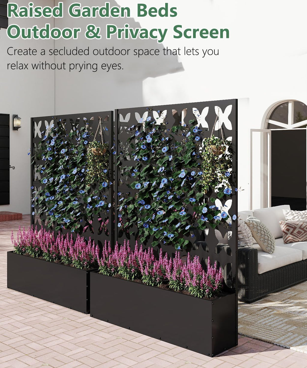 Metal Planter Box with Trellis,70.9"x47.2"x15.7" Raised Garden Bed with Drainage Holes, Privacy Planters for Outdoor Garden Bed for Climbing Plants,Vegetables,and Vines, Black-X