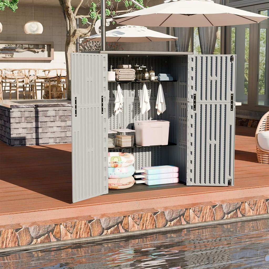 HOMSPARK Outdoor Storage Shed Weather Resistance, Patio Storage Cabinet Lockable Resin Tool Shed for Storage of Bike, Trash Cans, Garden Tools (Light Gray, 66 Cu.ft)