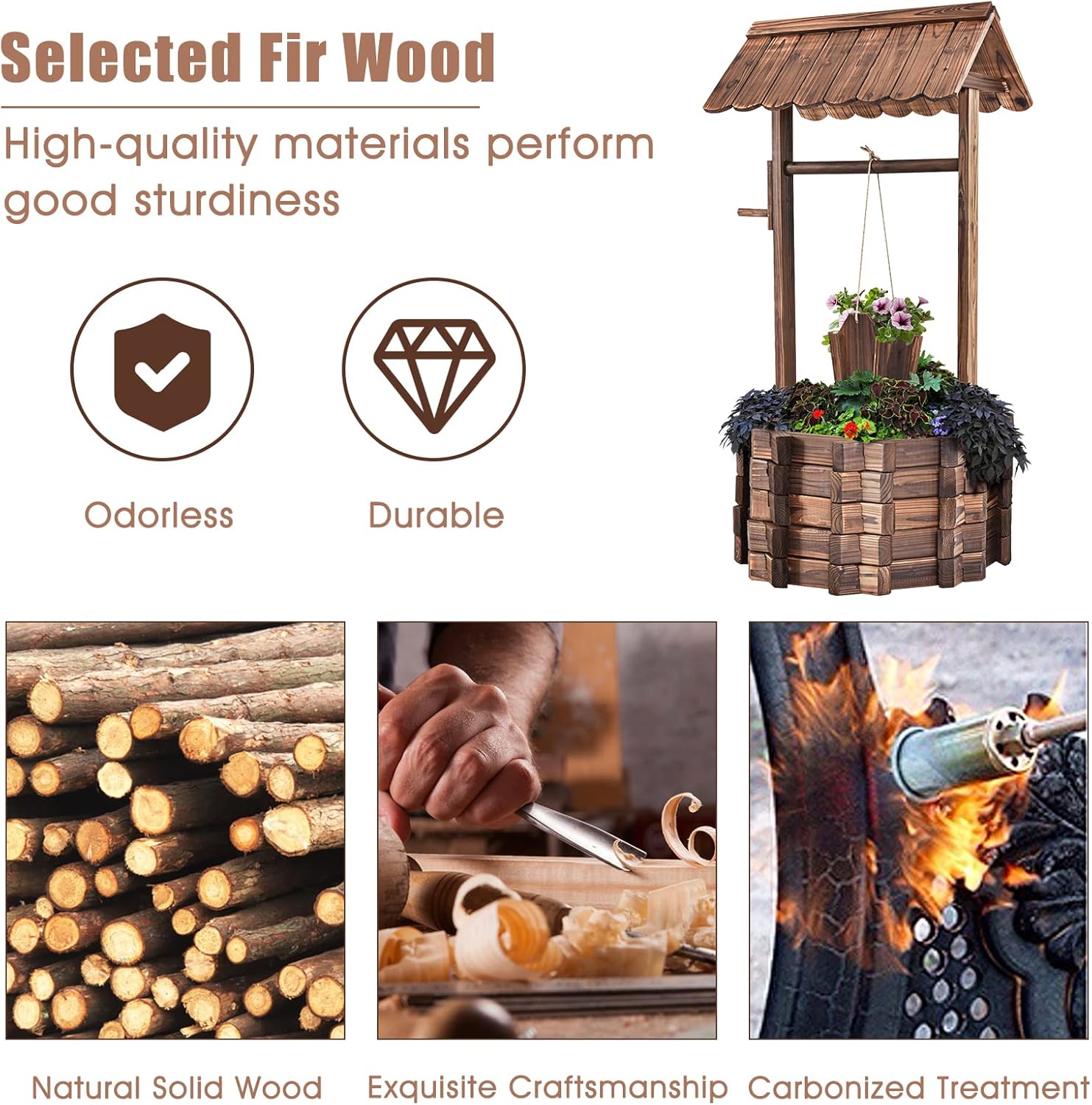 Tangkula Outdoor Wishing Well Planter, Old-Fashioned Wood Wishing Wells for Yard, Rustic Farmhouse Decoration for Garden, Backyard, 46 Inch Tall (22" x 22" x 45")