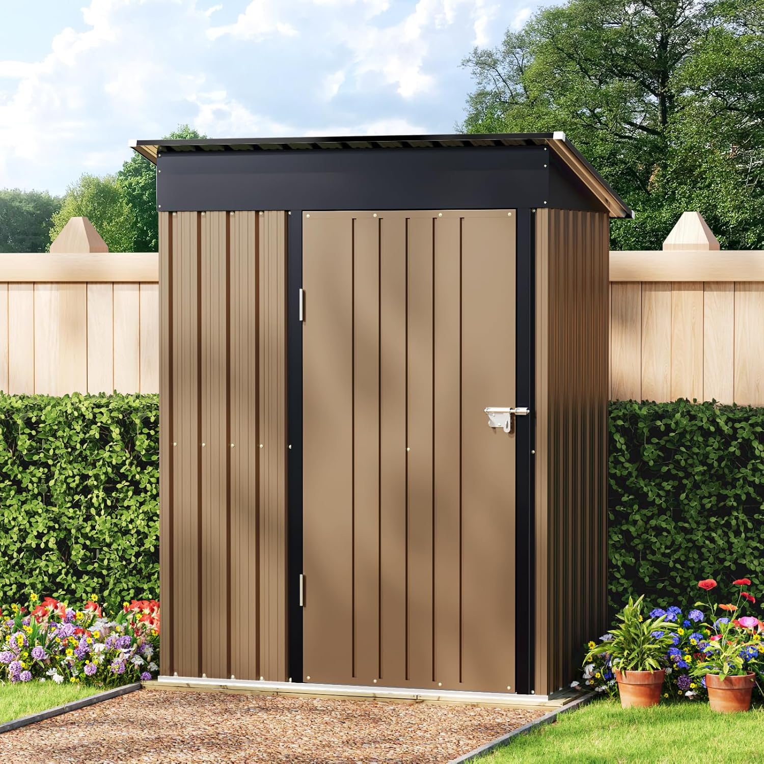 5X3FT Outdoor Steel Storage Shed with Lockable Doors, One Window,Ideal for Garden, Backyard, Patio Storage,Brown