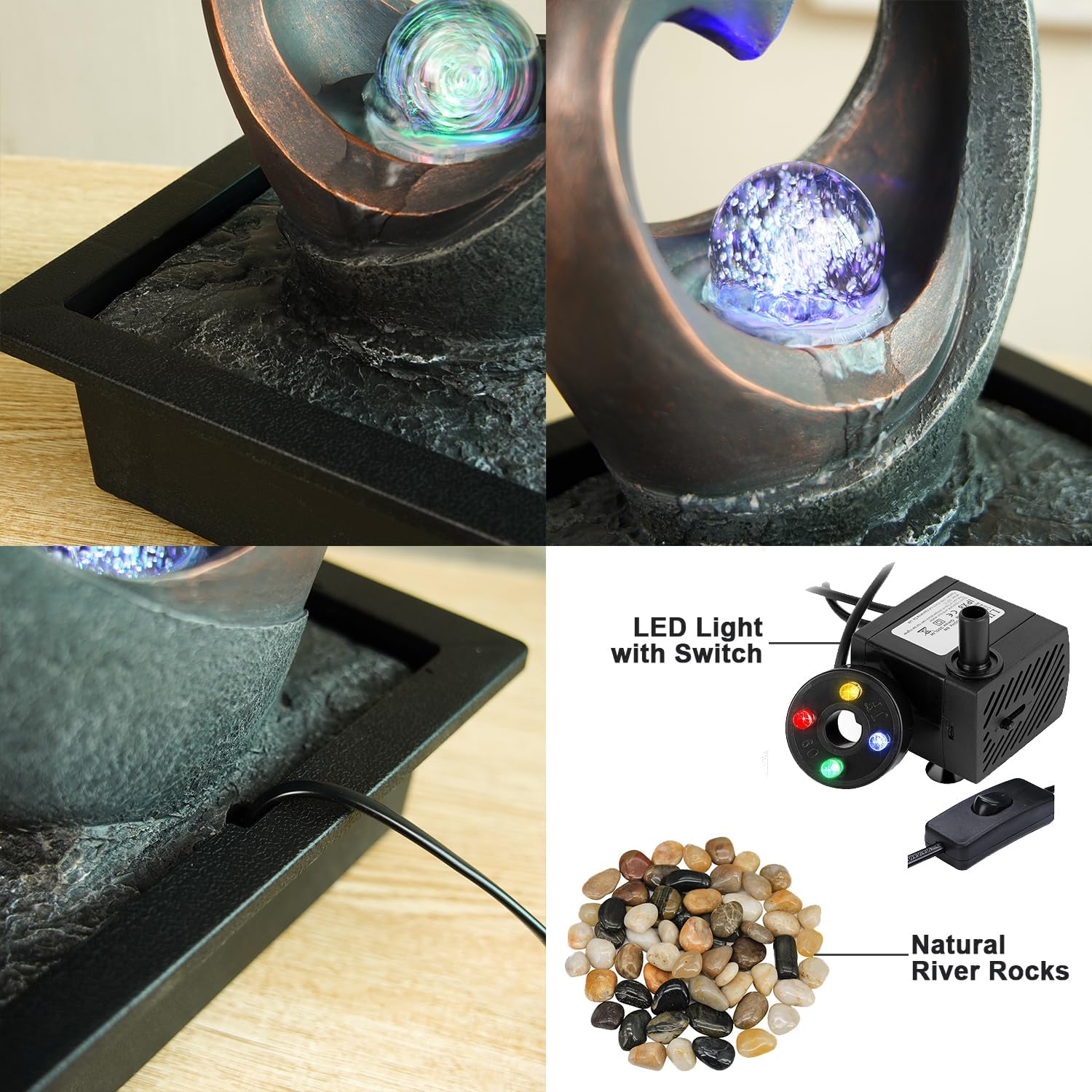 Spinning Orb Rock Cascading Tabletop Fountain, Zen Meditation Indoor Waterfall Feature with ON/Off Switch, Waterfall Fountain with LED Light for Home Office Bedroom