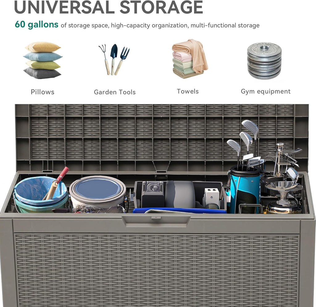 YITAHOME 60 Gallon Resin Deck Box, Weather Resistant Outdoor Rattan Storage Box, Lockable Indoor Outdoor Storage for Supplies and Essentials, Taupe