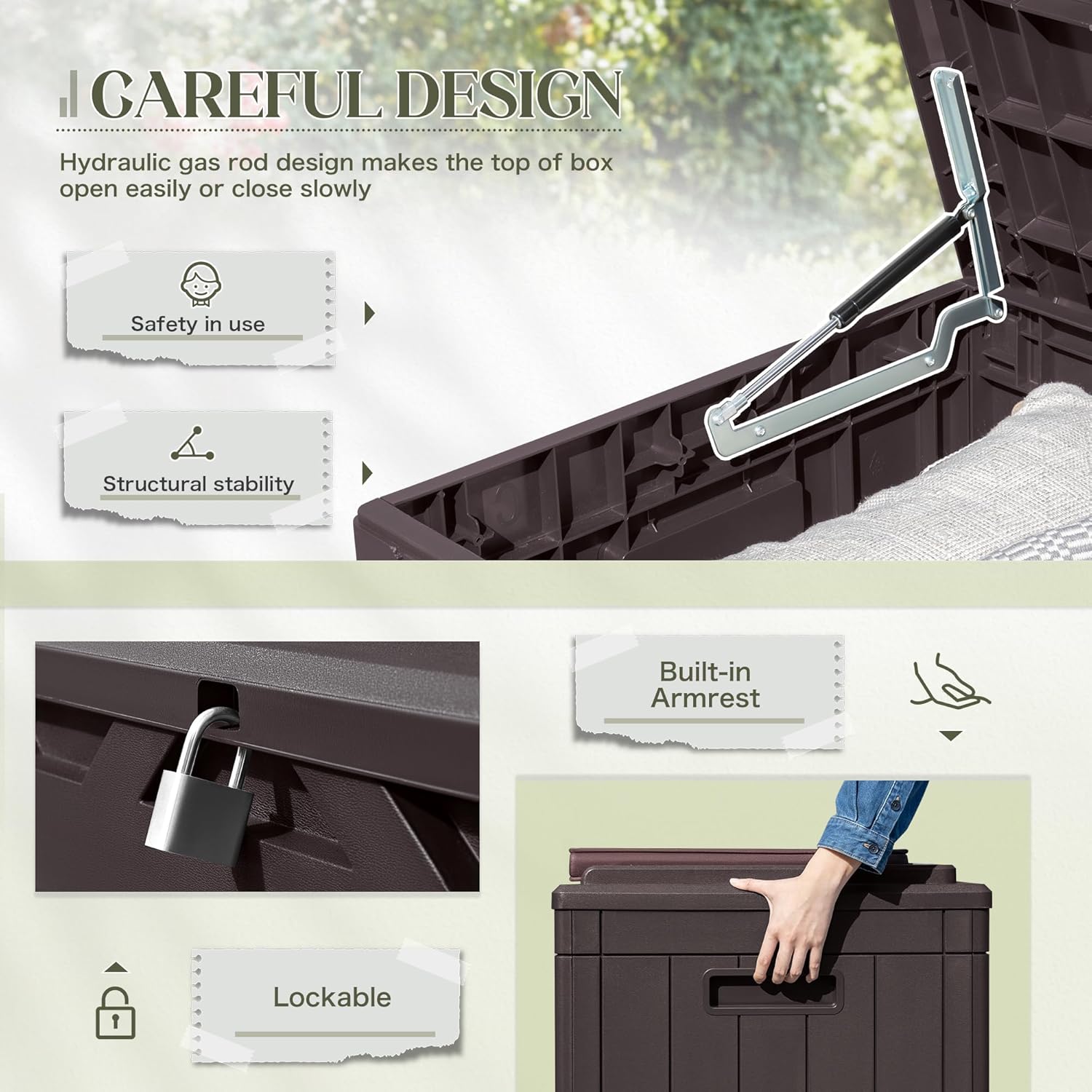 Greesum 100 Gallon Resin Deck Box Large Outdoor Storage with Cushions for Patio Furniture, Garden Tools, Pool Supplies, Weatherproof and UV Resistant, Lockable, Dark Brown